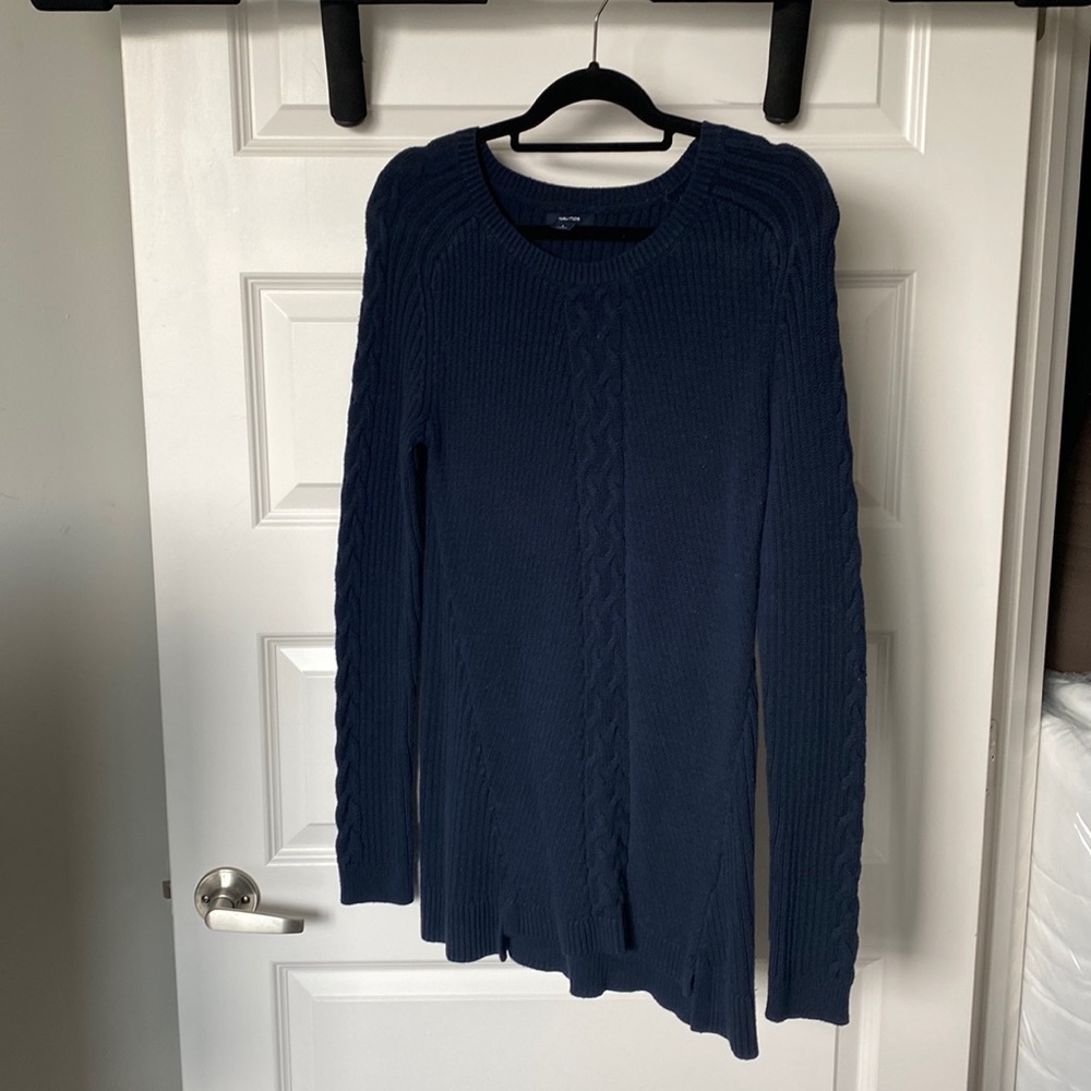 Navy blue, cable knit, rope sweater . Beautiful for fall days over boots.
